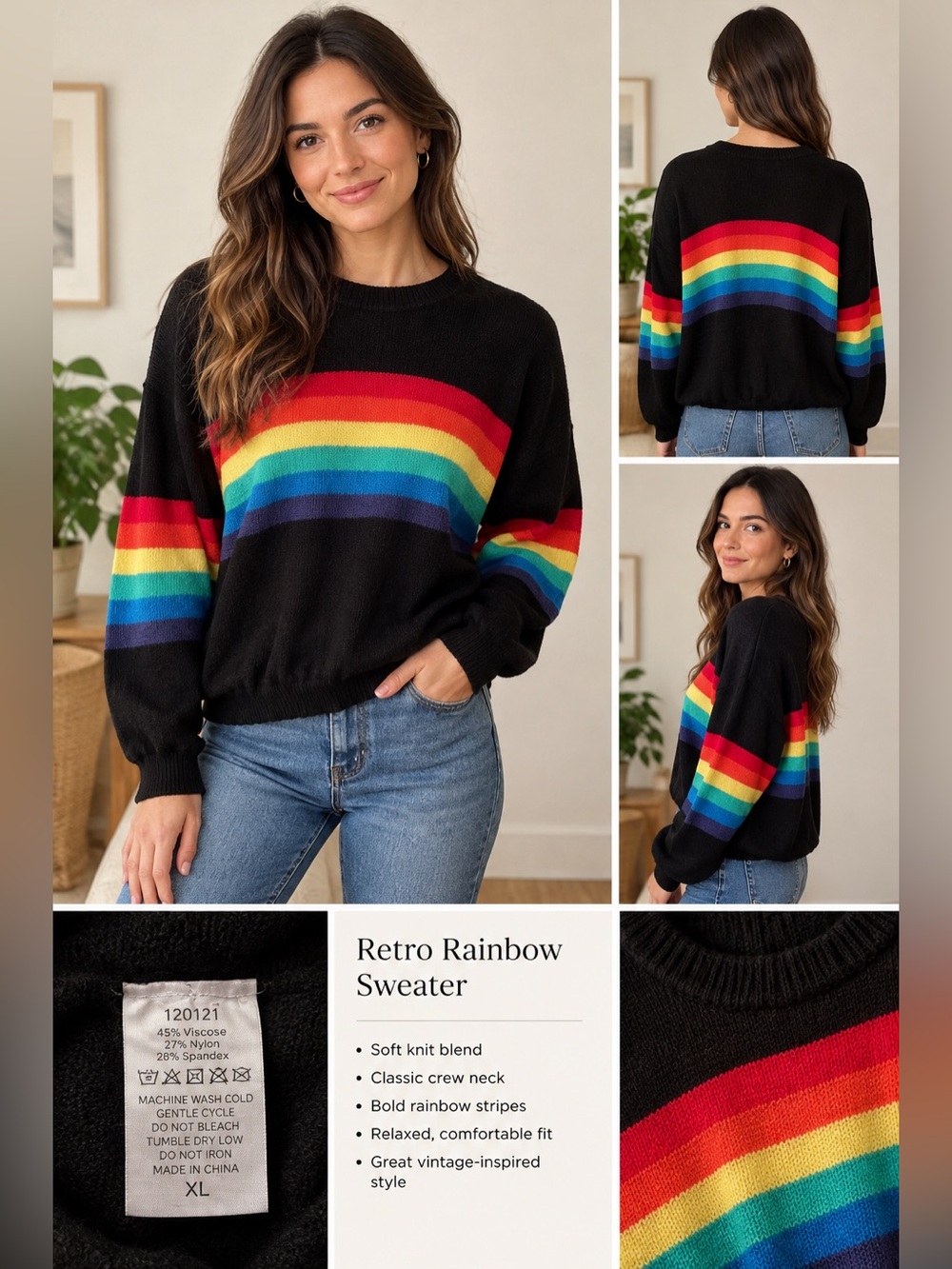 🔥 Jumper 1234 Rainbow Arms Knit Crewneck Sweater Black XL